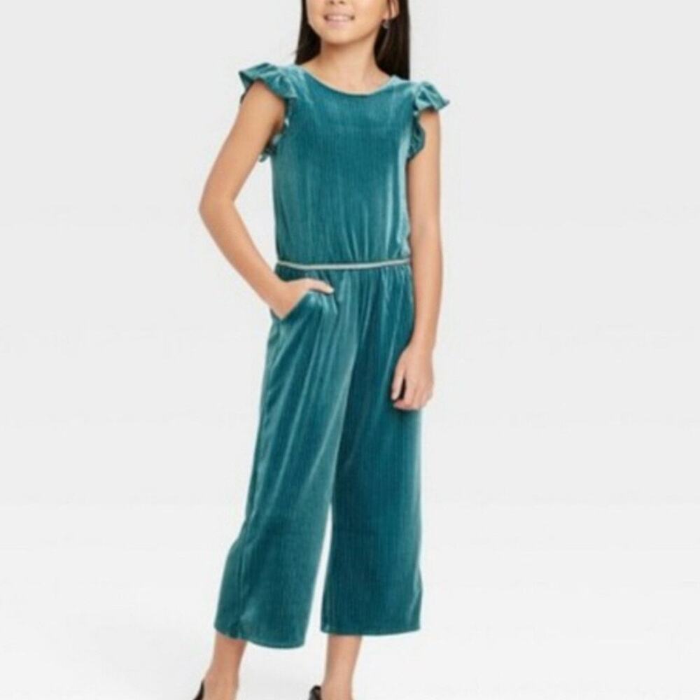Cat & Jack Dark Teal & Silver Velour Ruffle Pant Jumper XL 14/16